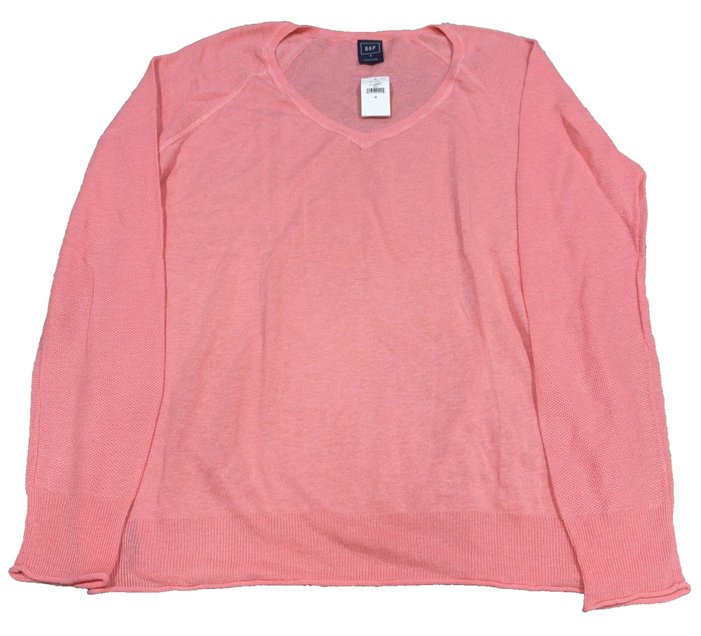 NWT Gap Linen Blend V-Neck Sweater Medium Neon Flamingo Coral Pink